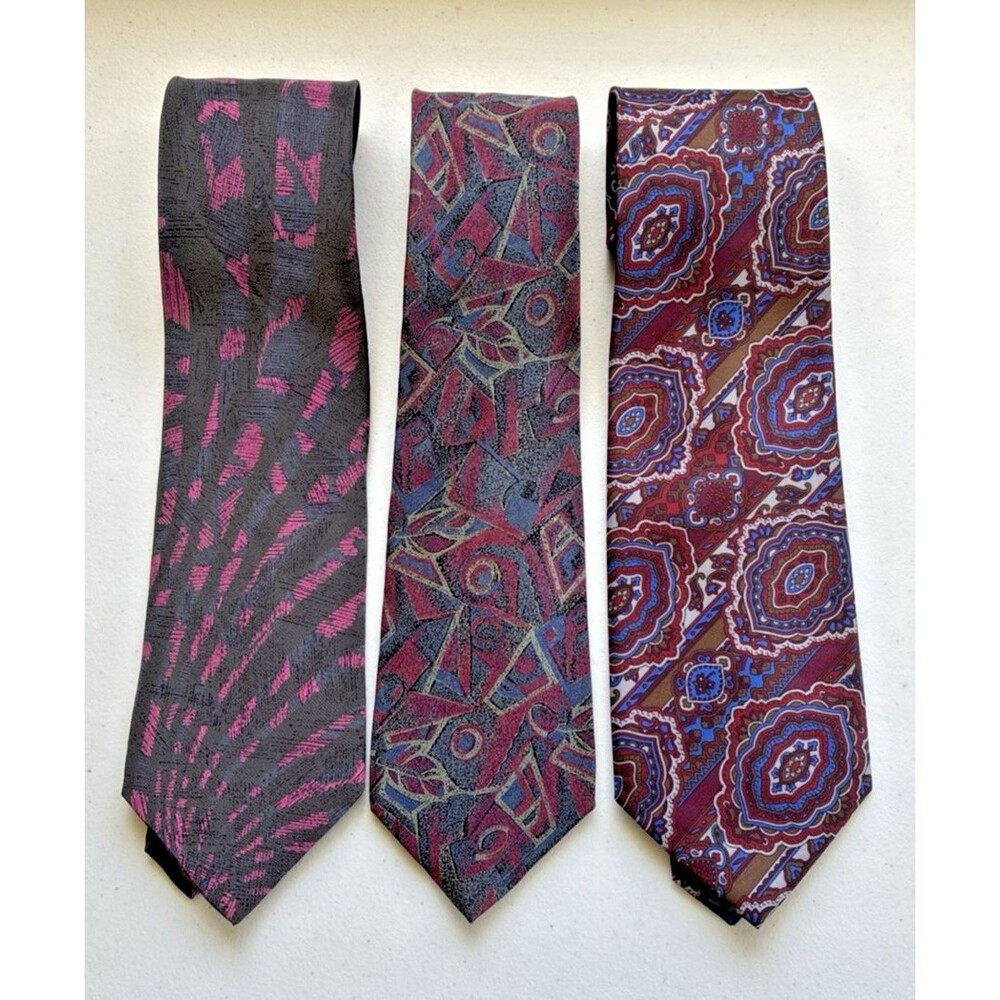 3-Tie Bundle Bold Retro Paisley & Geometric Prints 100% Silk Italy Paris Labels